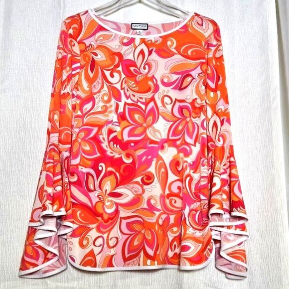 Sam and Jess 70's Vibes Orange & Pink Flower Power Paisley Bell Sleeve Blouse - Picture 1 of 12